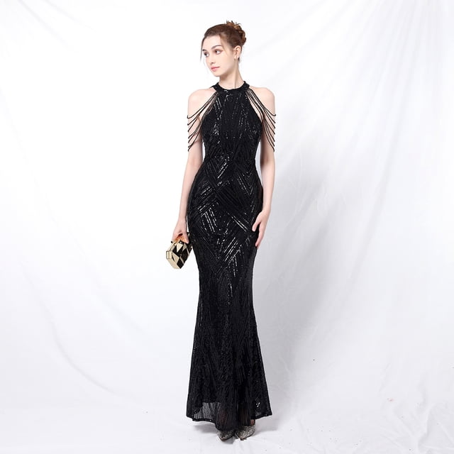 Banquete elegante largo halter lentejuelas damas atmósfera fría y hermosa reina vestido de noche de cola de pez