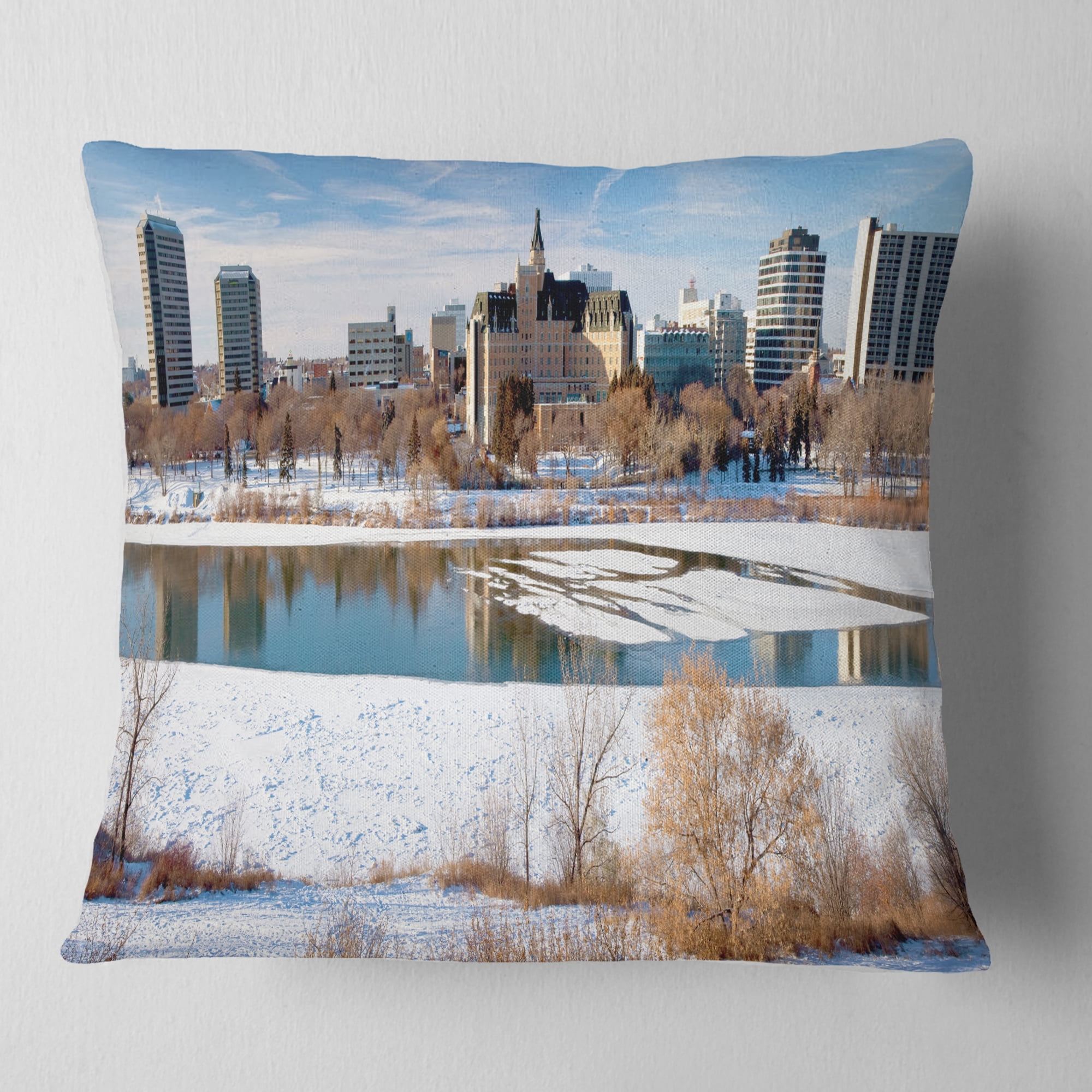 Designart City of Saskatoon Winter Panoramic - Landscape Printed Throw Pillow - 16x16