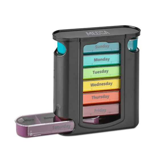 Weekly Pill Organizer, 1 Dispenser, 7 Stackable Compartments Four Times-a-Day - Morning, Noon, Evening, and Bedtime, Black