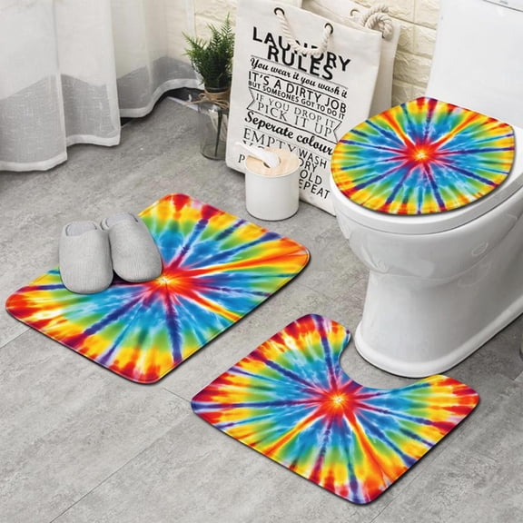 Colorful Rainbow Tie Dye Spiral Pattern Bathroom Rugs Sets 3 Piece,Toilet Cover Set,Absorbent Non Slip Bathroom Mats Sets with U-Shaped Contour Rug Toilet Rug Set