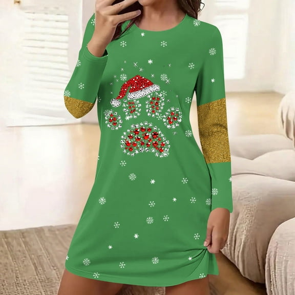 FDGIU Women's Christmas Sleep Dress, Long Sleeve Comfy Soft Nightie, Round Neck Tshirt Dress Casual House Dress