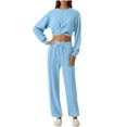 thumbnail image 2 of YOIAVAIOY Women 2 Piece Outfits Solid Casual Sweatsuit Set Twist Front Cropped Top Wide Leg Pants Lounge Tracksuit Sets Y2K Streetwear Light Blue S, 2 of 9