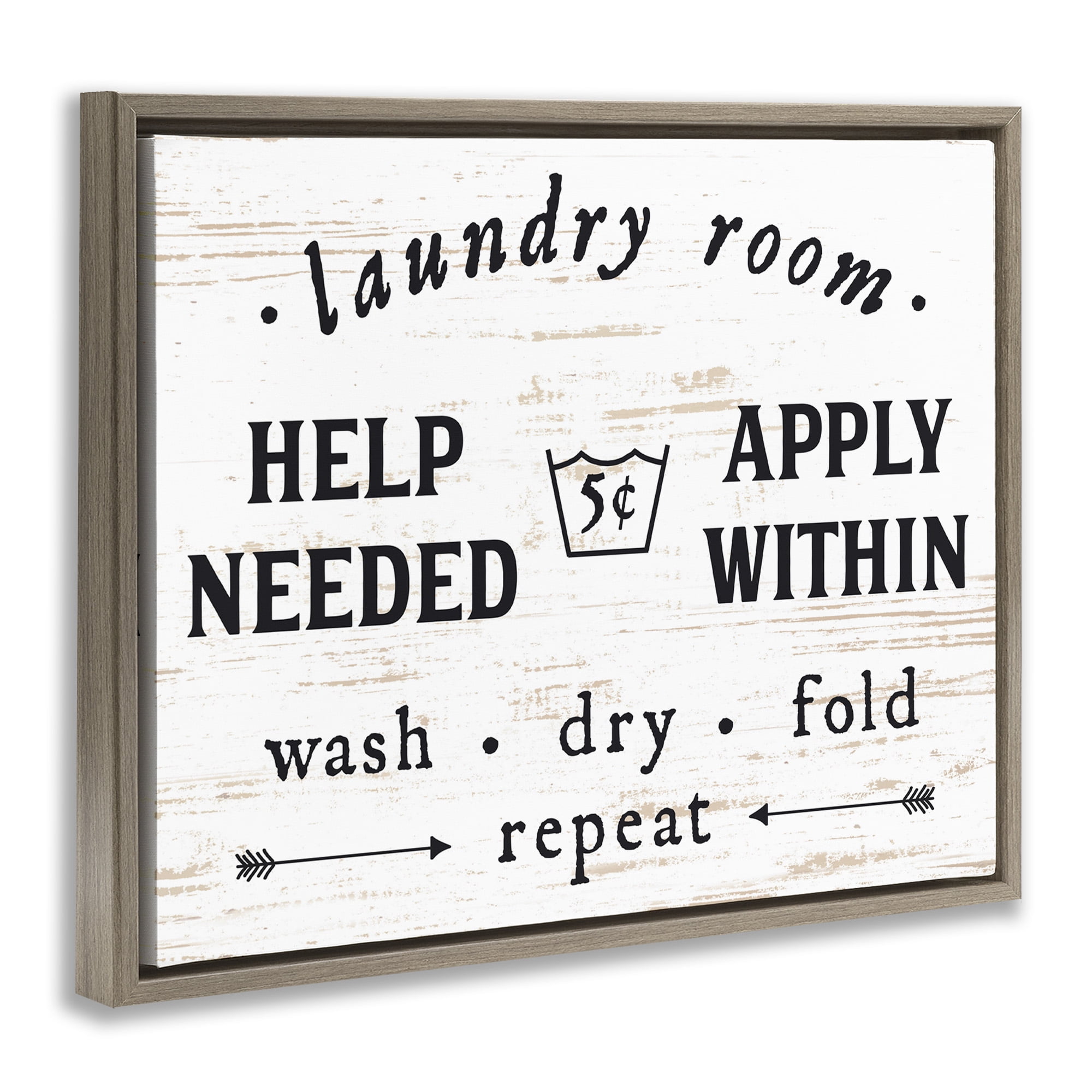 Stupell Industries Laundry Room Help Needed Typography Painting Brown Floater Framed Canvas Art Print Wall Art, 21 x 17