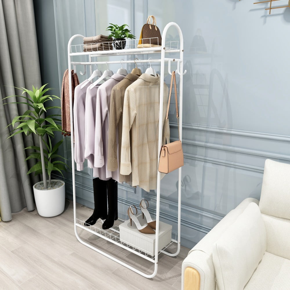 Heavy Duty Garment Rack, Freestanding Metal Clothes Rack with Double Shelves, 200 lbs Capacity, Portable Rolling Clothing Rack, White