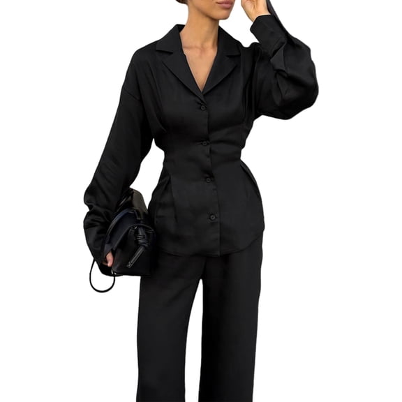 Womens High End Black Shirt Top Long Sleeve Pants Set Waist Cinching Tie Front Two Piece Outfit S
