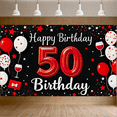 thumbnail image 4 of Black Background Happy 50th Birthday Banner with Red White Balloons Wine Glasses Star Elements Party Supplies Photography Props Birthday Decoration Backdrop, 4 of 7