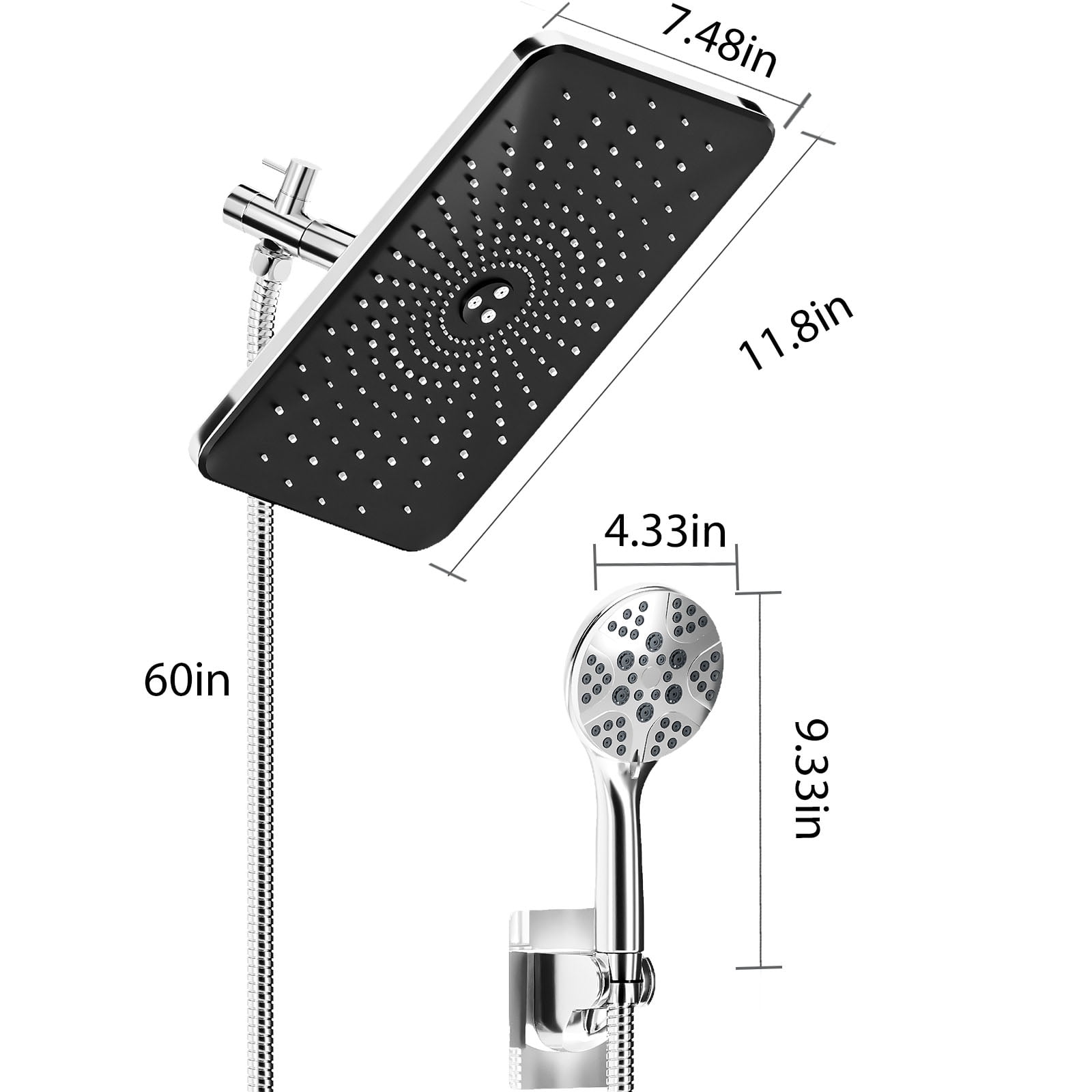 IUSU 11.8" Shower Head Set High Pressure Rainfall Rain Shower Head 8-Setting Handheld with Hose Silver