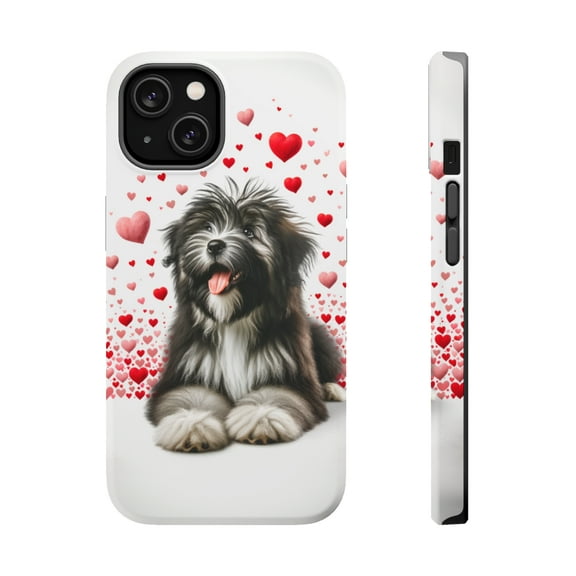 DistinctInk Tough Case for Apple iPhone 14 (6.1" Screen), Compatible with MagSafe Charging - Valentine's Day Polish Lowland Sheepdog Puppy