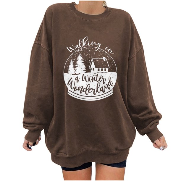 Blusa holgada de manga larga con cuello redondo y estampado navideño para mujer Pompotops FGAJ11961