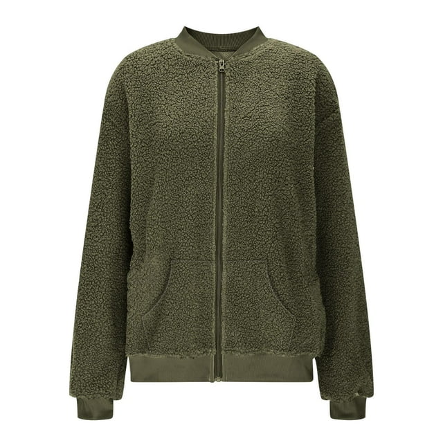 HAiming Womens Zip up Fleece Jacket Long Sleeve Fuzzy Comfy Solid Color Tops Fall Winter Outwear Coat with Pockets