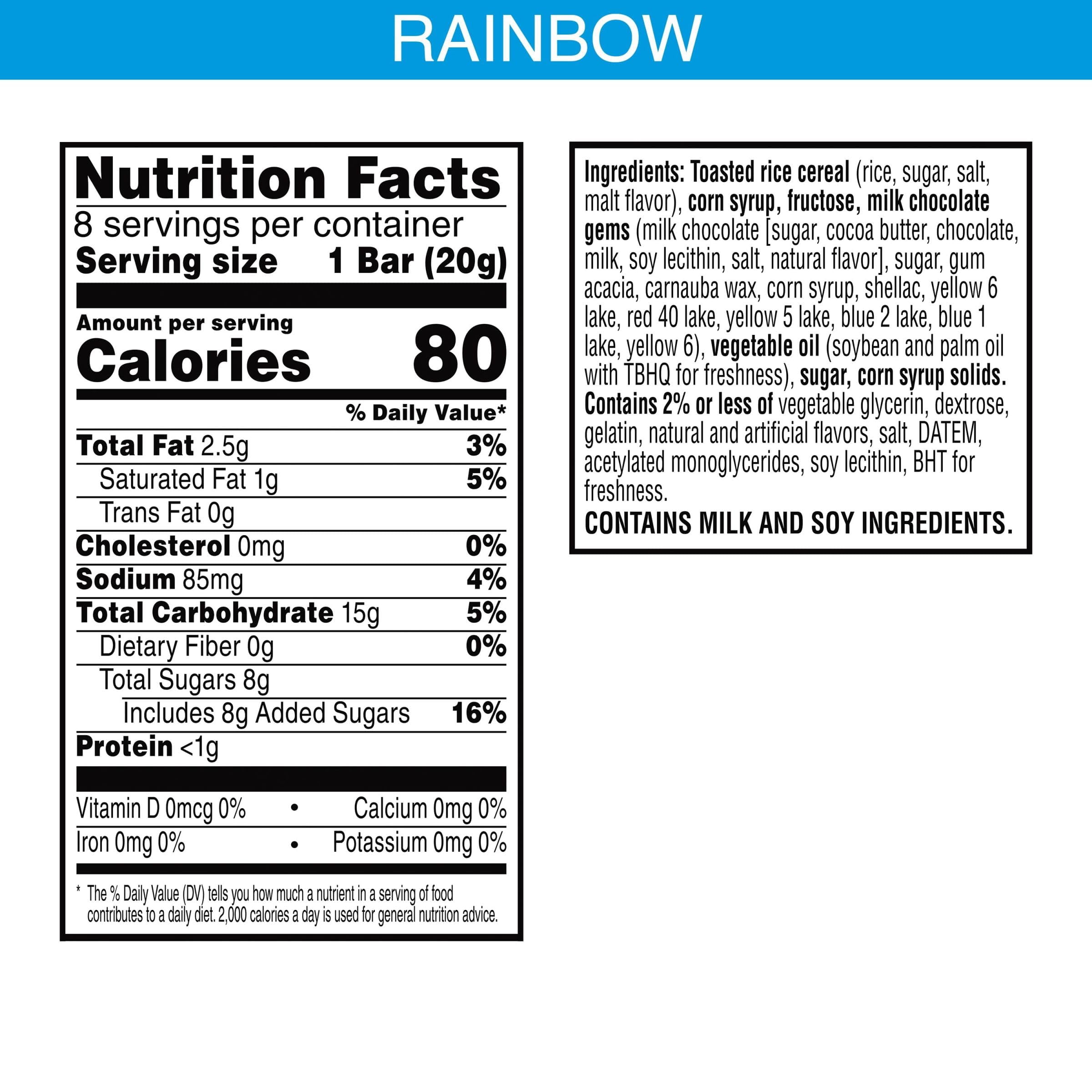 Pack of 2 - Rice Krispies Treats Marshmallow Snack Bars, Kids Snacks, Lunch Snacks, Rainbow, 5.6Oz Box (8 Bars) Packaging May Vary