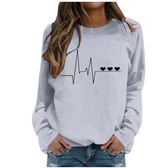 Wang6 Womens Black Graphic Sweatshirts"Wave Heart"Printed Long Sleeve Pullovers Causal Fall Crew Neck Tops Loose Fit Tshirts Grey S