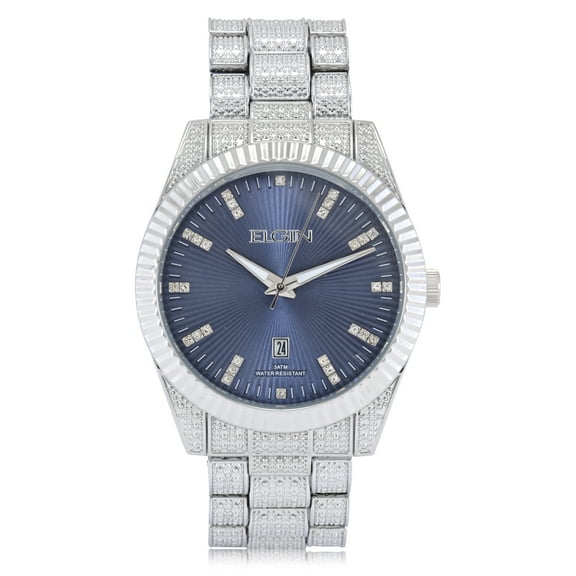 Elgin Adult Men's Silver and Crsytal Round Case Watch with Blue Dial. (FG180038)