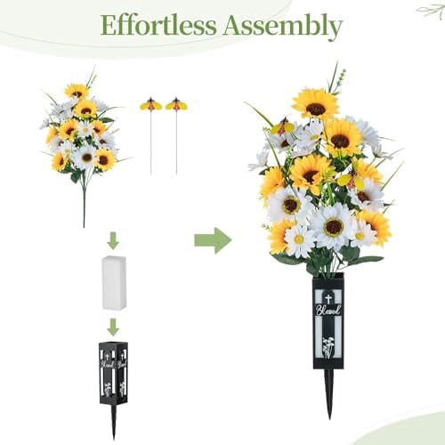 Artificial Cemetery Flowers for Grave: 2 Pcs Yellow White Sunflower Grave Flower Bouquets for Cemetery Decorations - Fall Outdoor Gravesite Flowers with Vase$$Home Decor, Kitchen, & Other