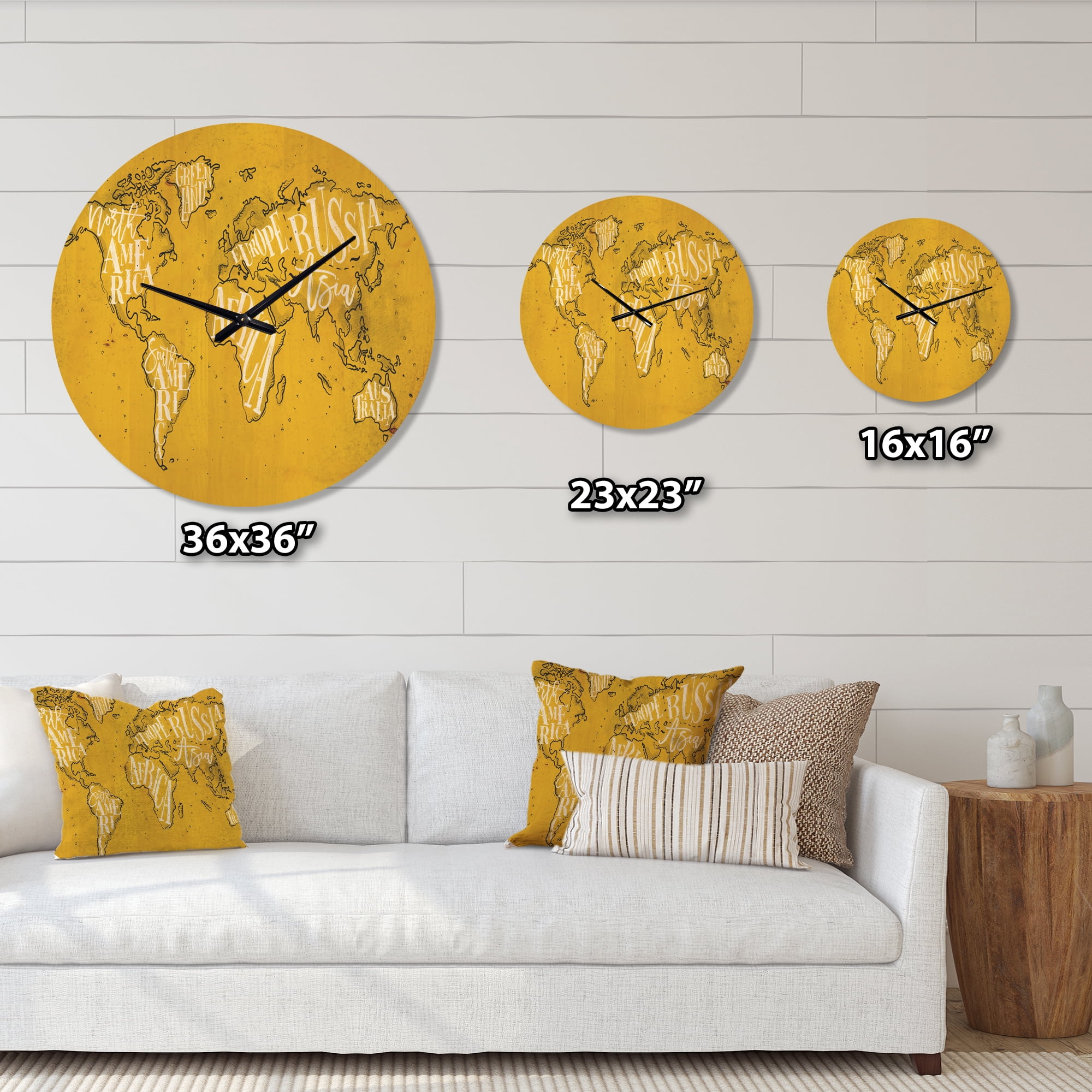 Designart 'Traditional Yellow Worldmap ' Modern Wood Wall Clock