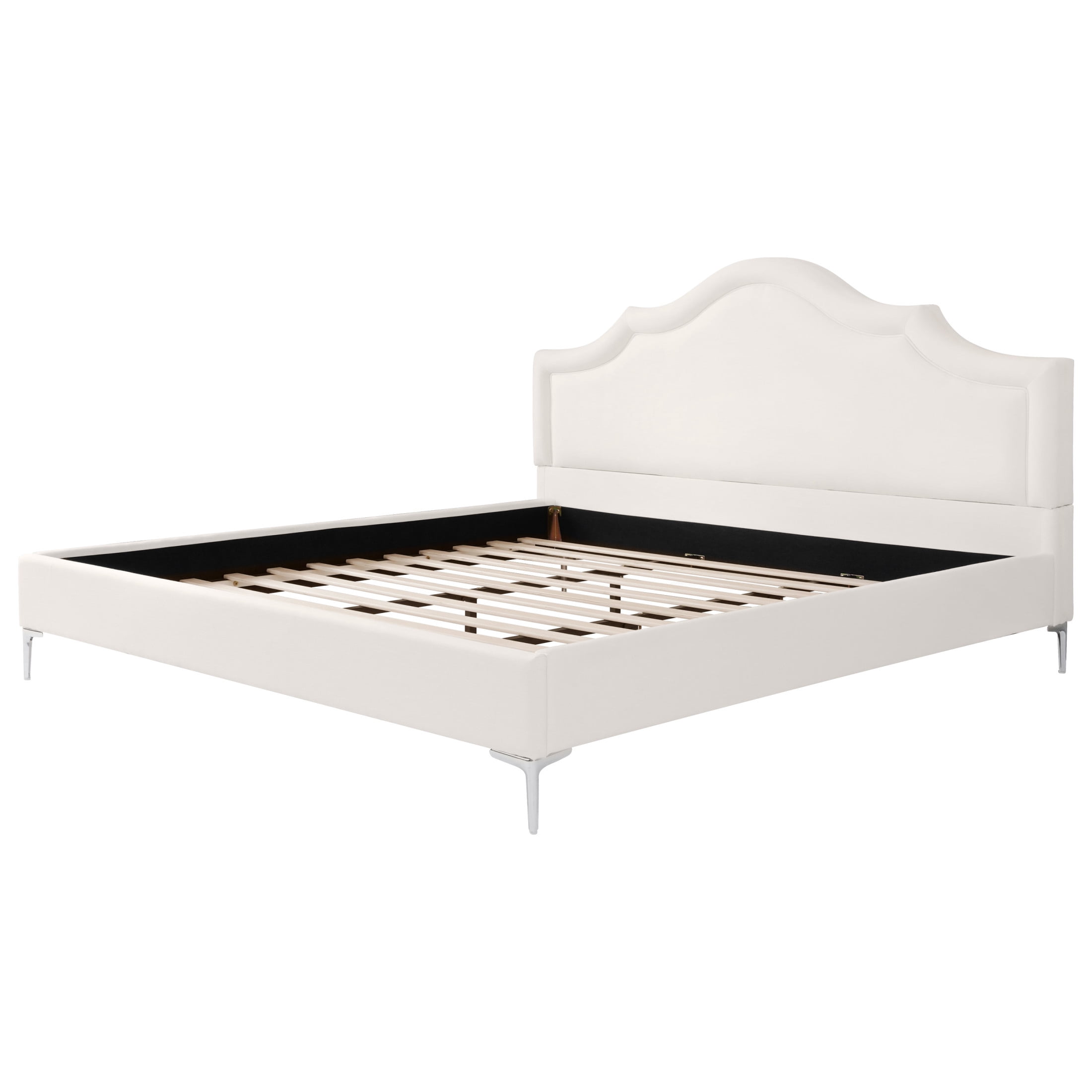 Christopher Knight Home King Upholstered Platform Bed with Curved Thick Padded Headboard, Iron Legs, Off White
