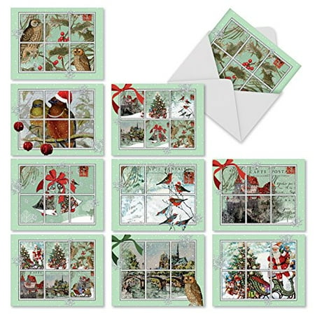 'M10013XS MERRY MAIL' 10 Assorted Merry Christmas Cards Feature Images of Winter and Holiday Scenes from Vintage Postcards with Envelopes by The Best Card