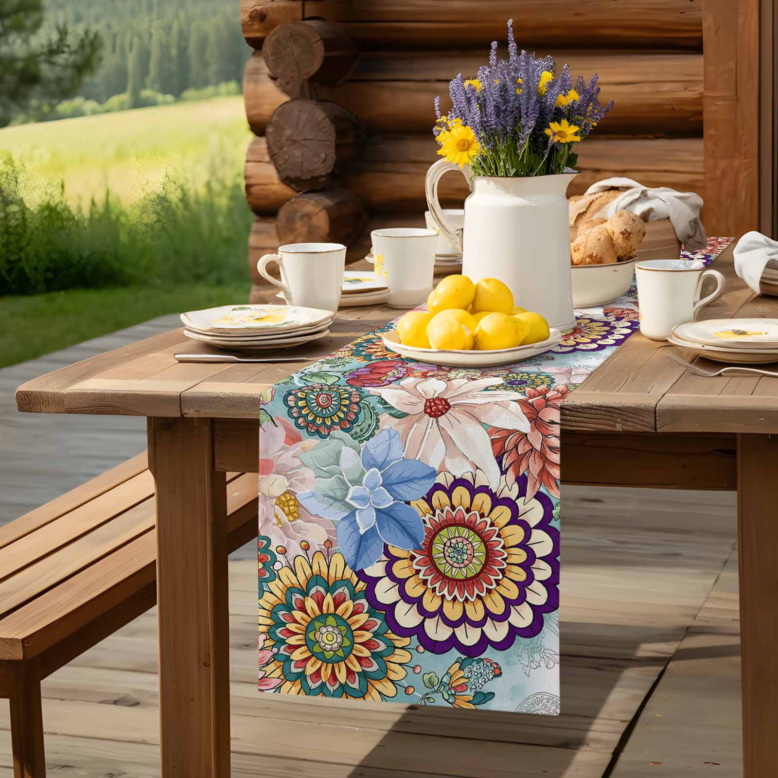 Vintage Bohemian Flowers Table Runner 90 Inches Long, Classic Farmhouse Floral Table Runners Tabletop Scarf Kitchen Dining Tables Decoration for Home Party Indoor Outdoor
