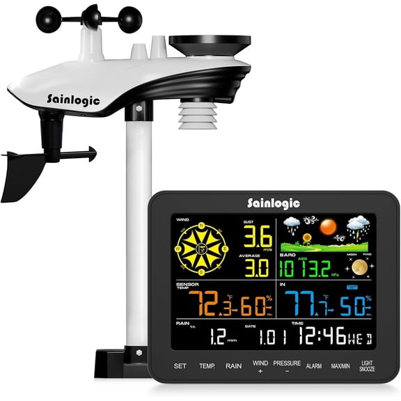 Sainlogic Weather Stations Wireless Indoor Outdoor SA6, Weather Station with Rain Gauge and Wind Speed, Weather Forecast, Temperature, Air Pressure, Humidity, Moon Phase, Alarm Clock(No WiFi)