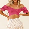 thumbnail image 3 of Mittory Women's Off Shoulder Ruffle Trim Ruched Short Sleeve Tube Crop Tops Summer Sexy Tie Up Back Blouse Shirts, 3 of 7