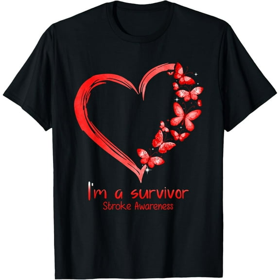 t-shirt Red Butterfly Heart I'm A Survivor Stroke Awareness T-Shirt mens，black，women，funny，men，journey，Crew Neck, Short Sleeve,printing