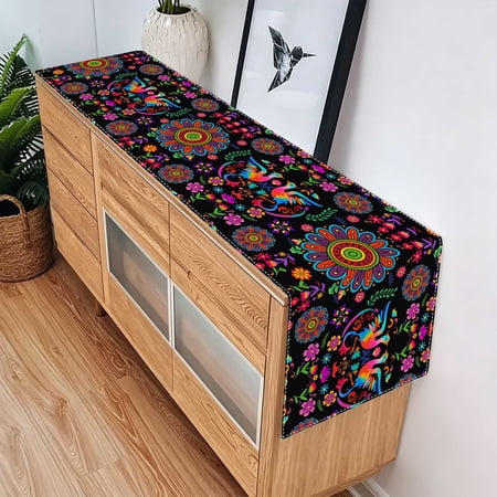 1pc Rainbow Animal Floral Ethnic Flat 2D Table Runner, Kitchen Yard Mexican Otomi Fiesta Decor, Boho Dining Table Gift, Christmas Thanksgiving Labor Day