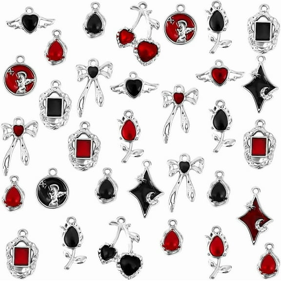 16 Styles Gothic Charms 32pcs Heart Bow Charm Black Red Pendant Retro Dangle Pendants Flower Star Enamel Charms Punk Style Pendant