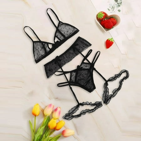 

Huachen Ladies Mesh Three-Point Suit Black Sexy Mesh See-Through Bra Panty Garter Belt Black/XL