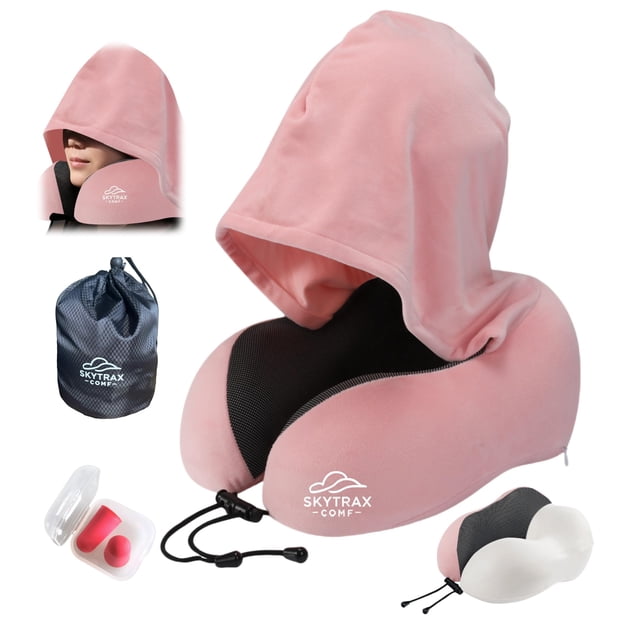 Almohada de viaje SKYTRAX COMF de espuma viscoelástica con capucha rosa