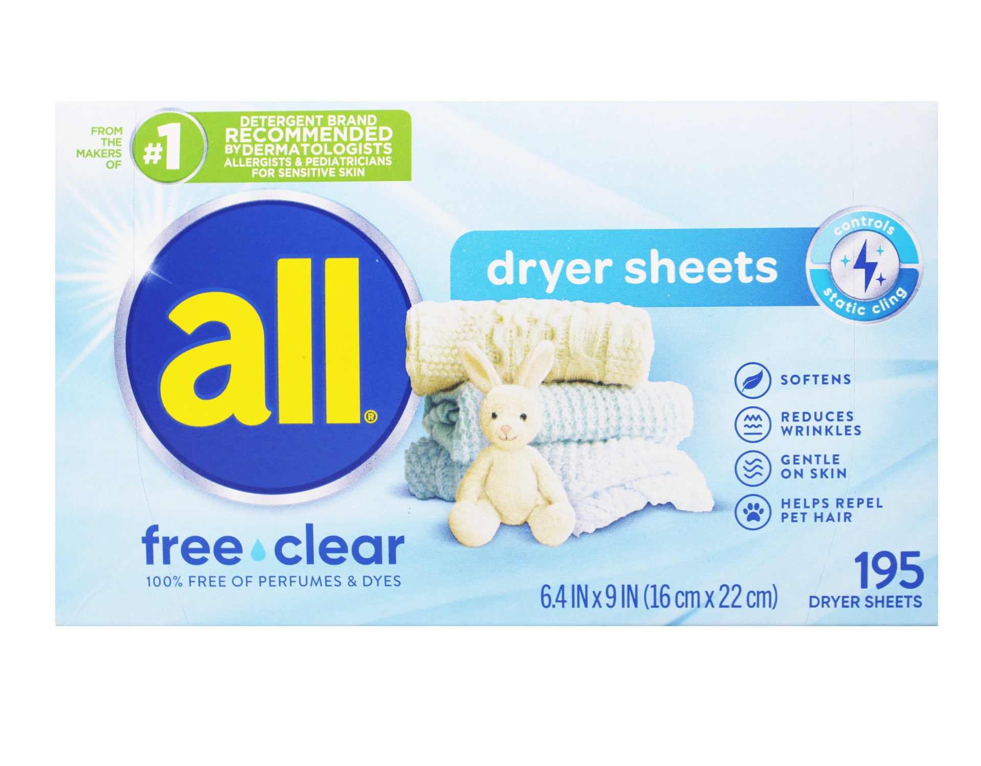 all Fabric Softener Dryer Sheets for Sensitive Skin, Free Clear, 195 Count - 6 Pack