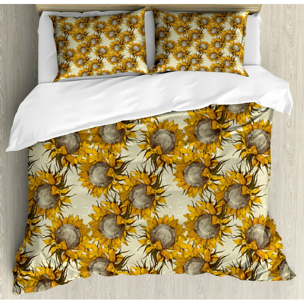 Sunflower King Size Duvet Cover Set Vintage Style Ornament With
