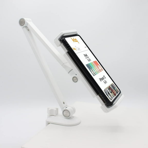 KIQ Premium Universal Cellphone Tablet Side Table Clamp Mount, 360 Degree Rotatable, Long Metal Arm Bracket [White]
