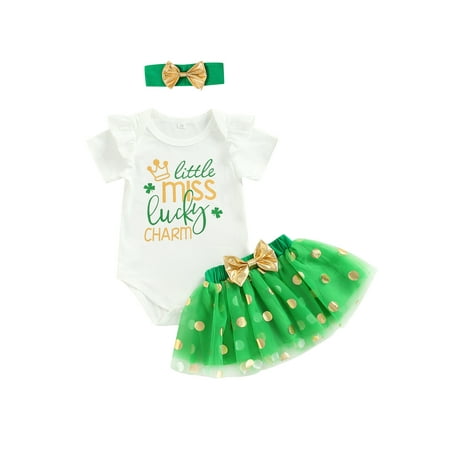 

Bebiullo Newborn Baby Girls St Patricks Day Outfit Short Sleeve Romper Shirt + Dot Tulle Tutu Skirt Summer Clothing White Green 0-3 Months