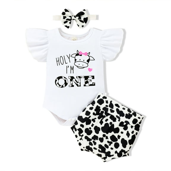 WISWELL  Baby Girl 1st Birthday Outfits Ruffle Sleeve Romper Printed Bottoms Shorts Headband Cake Smash Clothes Set 12-18 Months