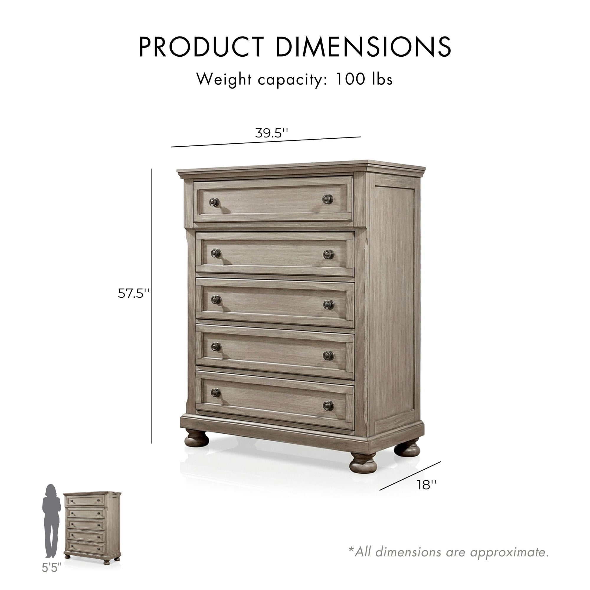 Furniture of America Astine Adult Transitional 5-Drawer Vertical Dresser, Gray