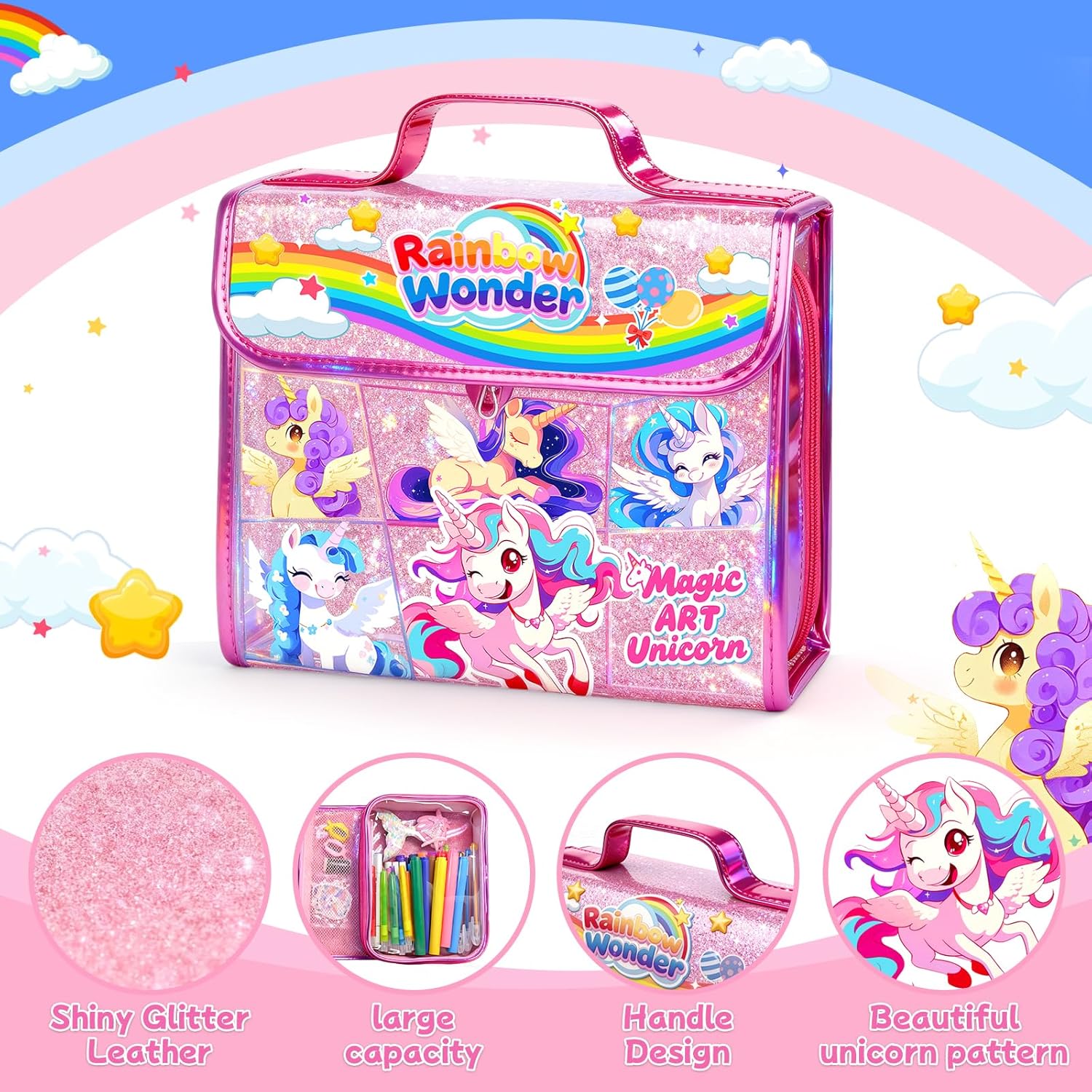 homicozy 106PCS Scented Washable Markers Set,Arts and Crafts Kit for Girls Ages 4-6-8-10,Travel Coloring Drawing Art Supplies with Unicorn Glitter Pencil Case,Ideal Birthday Gift for Kids