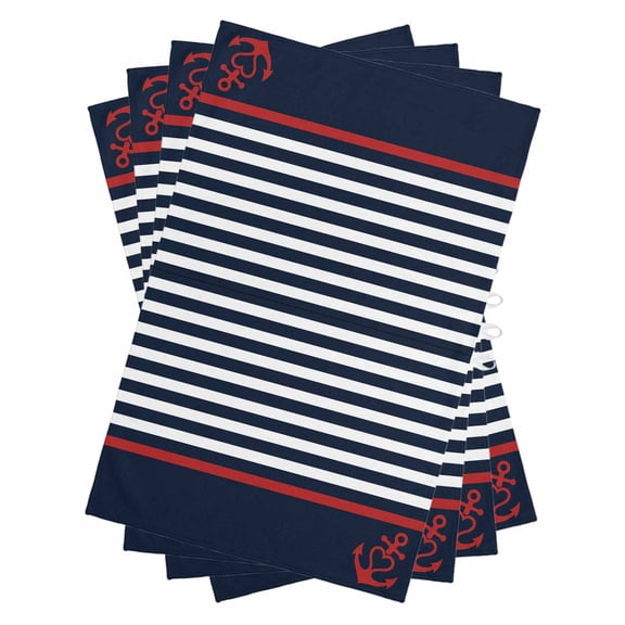 Anchor Navy Blue Kitchen Towels Set of 4, Water Absorbent Dish Towel, Red Nautical White Geometric Stripes Decorative Hand Towels - Quick Drying Cloth for Cooking Baking, 18x28 Inch