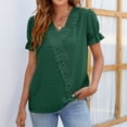 thumbnail image 2 of Camiseta con cuello en V para mujer, camiseta informal de verano con punto suizo, manga corta abombada, costura de encaje, Color puro, 2 of 5