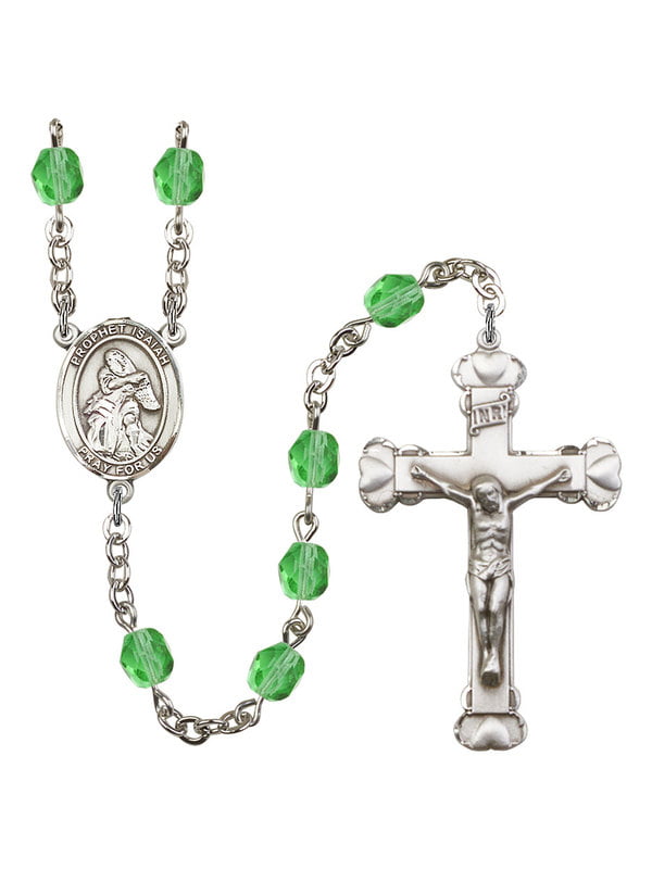 Silver Finish St Isaiah Rosary with 6mm Emerald Color Fire Polished Beads and 1 5/8 x 1 inch Crucifix Gift Boxed St Isaiah Center