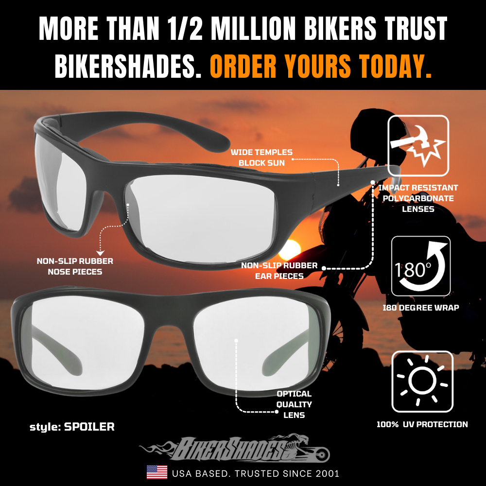 Bikershades Motorcycle Riding Safety Sunglass Foam Padded Large Fit Wind, Dust and Impact Resistant