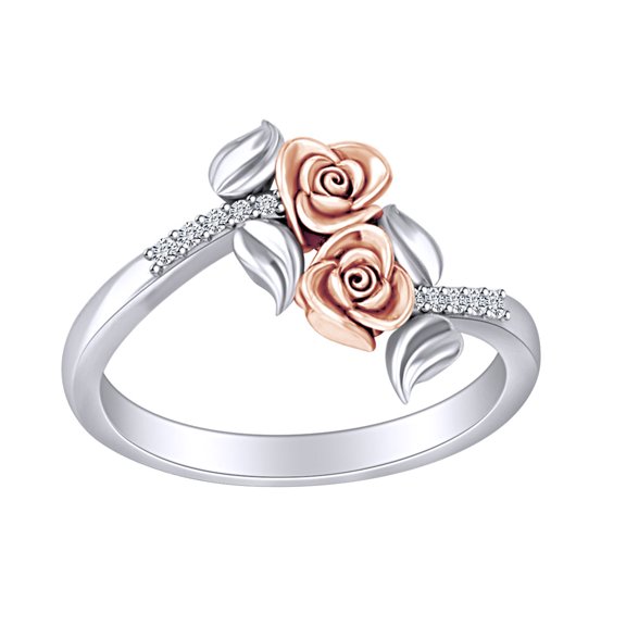 AFFY Round White Cubic Zirconia Rose With Leaf Two Tone Ring 14k White Gold Over Sterling Silver