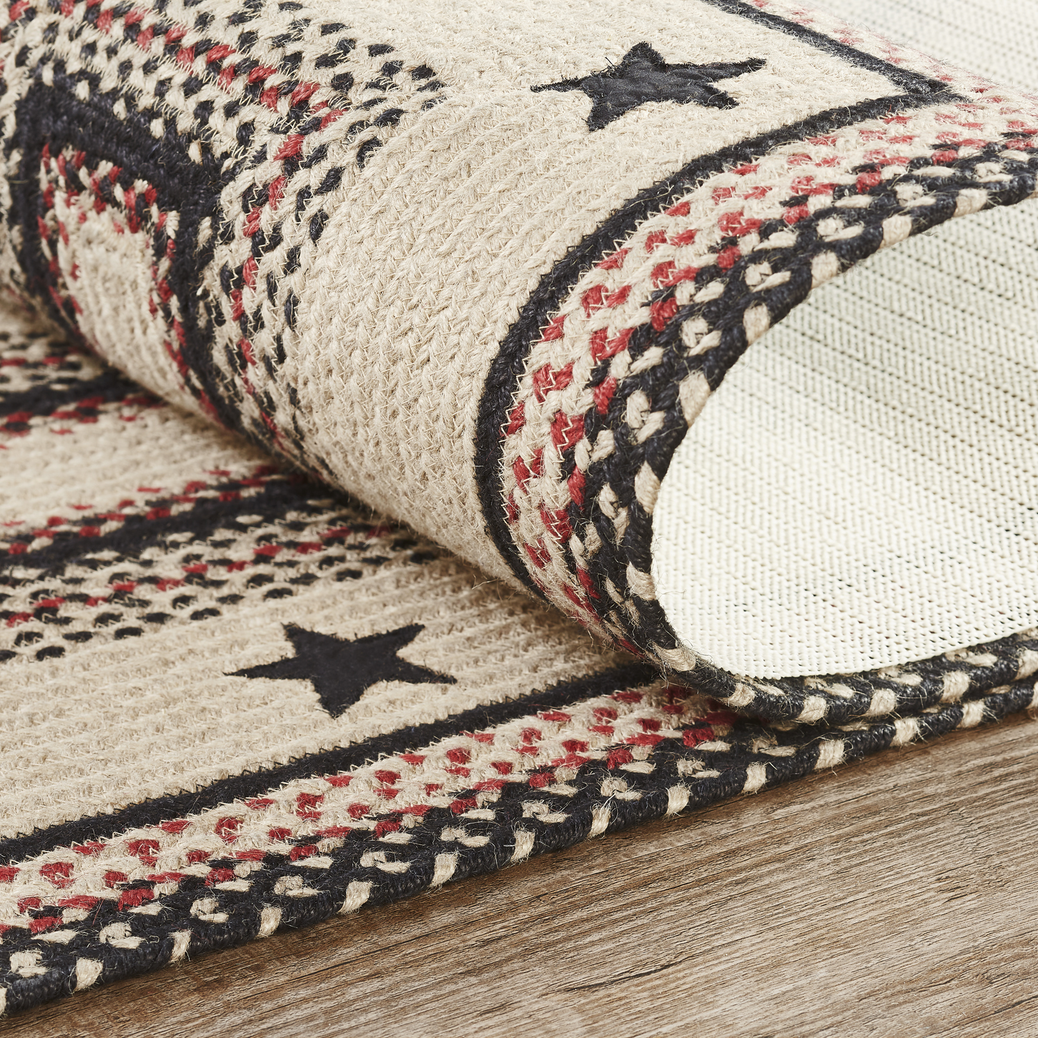 VHC Brands Colonial Star Rug Hall Runner with PVC Pad, Jute Blend, Rectangle, Tan Black Red, 22x72 inches