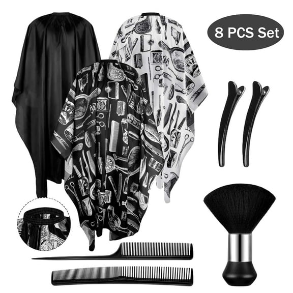 8pcs Set of Classic Style Salon Barber Capes Set with Adjustable Snap Closure Neck Duster Brush clips and Combs, Men Capes For Hair Stylist Hair Cutting Hairdresser Stylists