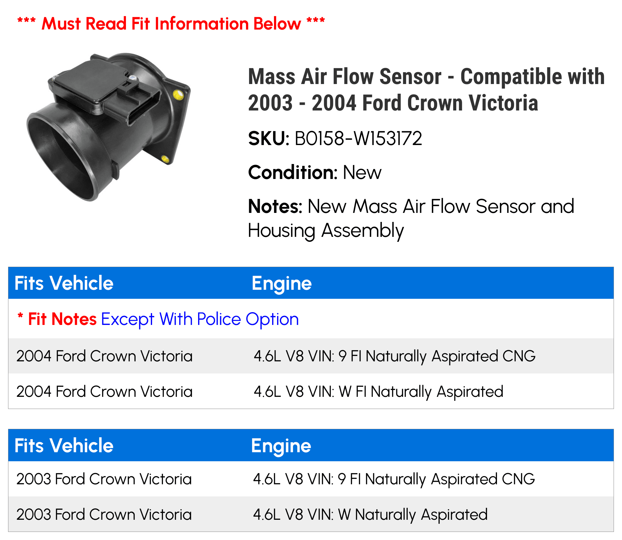 Mass Air Flow Sensor - Compatible with 2003 - 2004 Ford Crown Victoria