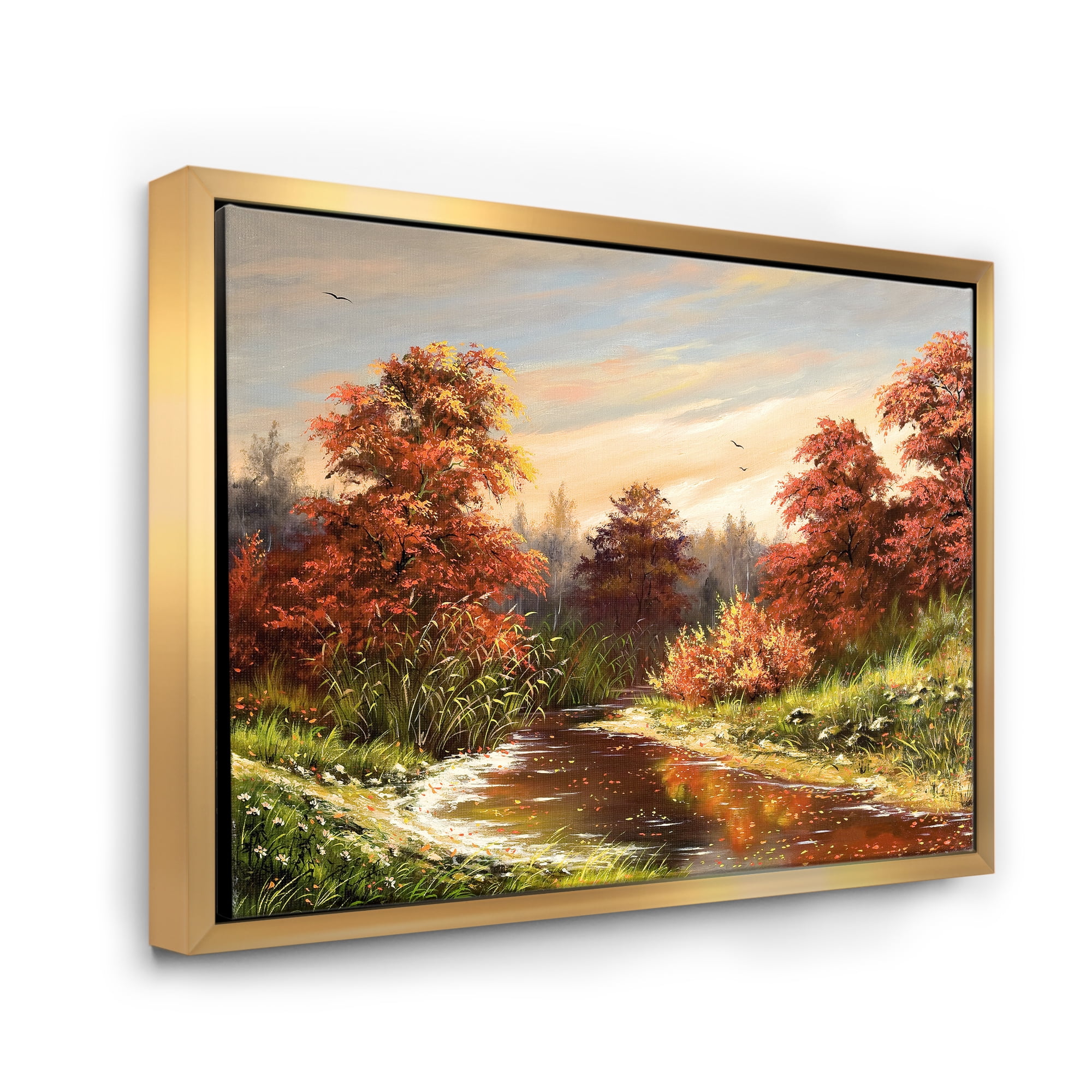 The Wood River On A Decline In An Orange Autum Summer 20 in x 12 in Framed Painting Canvas Art Print, by Designart