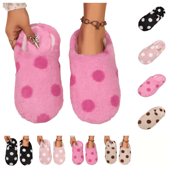 SAWOBUUN Womens Polka Dot Fuzzy Slippers Closed Toe Soft Fuzzy Plush House Shoes Winter Warm Cozy Non Slip Casual Indoor Outdoor Slippers