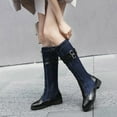 thumbnail image 3 of Knee High Boots Women Fashion Splice Leather Denim Lace up Zipper Mid Calf Motorcycle Boots Lug Sole Low Heel Trendy Buckle Straps Tall Boots, 3 of 7
