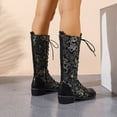 thumbnail image 4 of Rokment Vintage Embossed Mid Calf Combat Boots for Women Ethnic Casual Leather Patchwork Chunky Block Low Heels Lace up Knee High Tall Dress Booties, 4 of 7