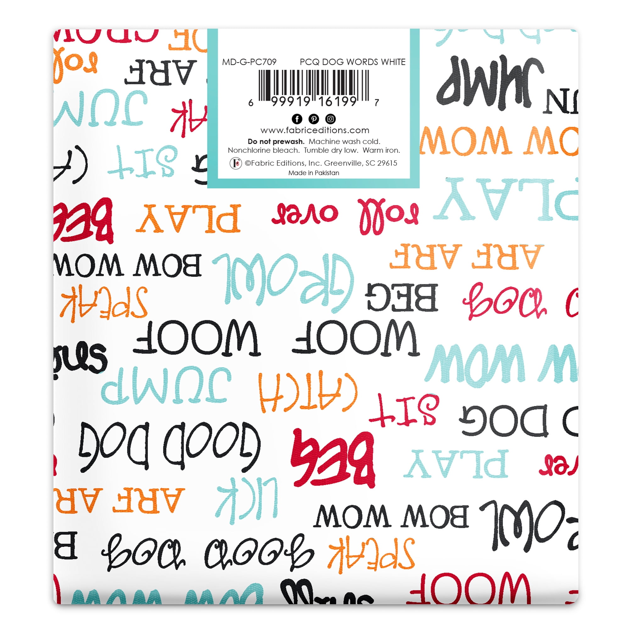 Fabric Editions Create It 18"x21" Cotton Dog Words White Precut Sewing & Craft Fabric, 10 Pieces