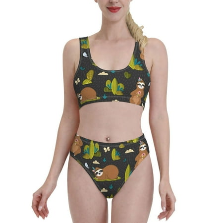 Bixox Funny Sloths In The Forest Pattern Two-Piece Sports Bikini with U-Shaped Top and High-Waist Bottom - Women s Swimwear with Removable Bra Pads